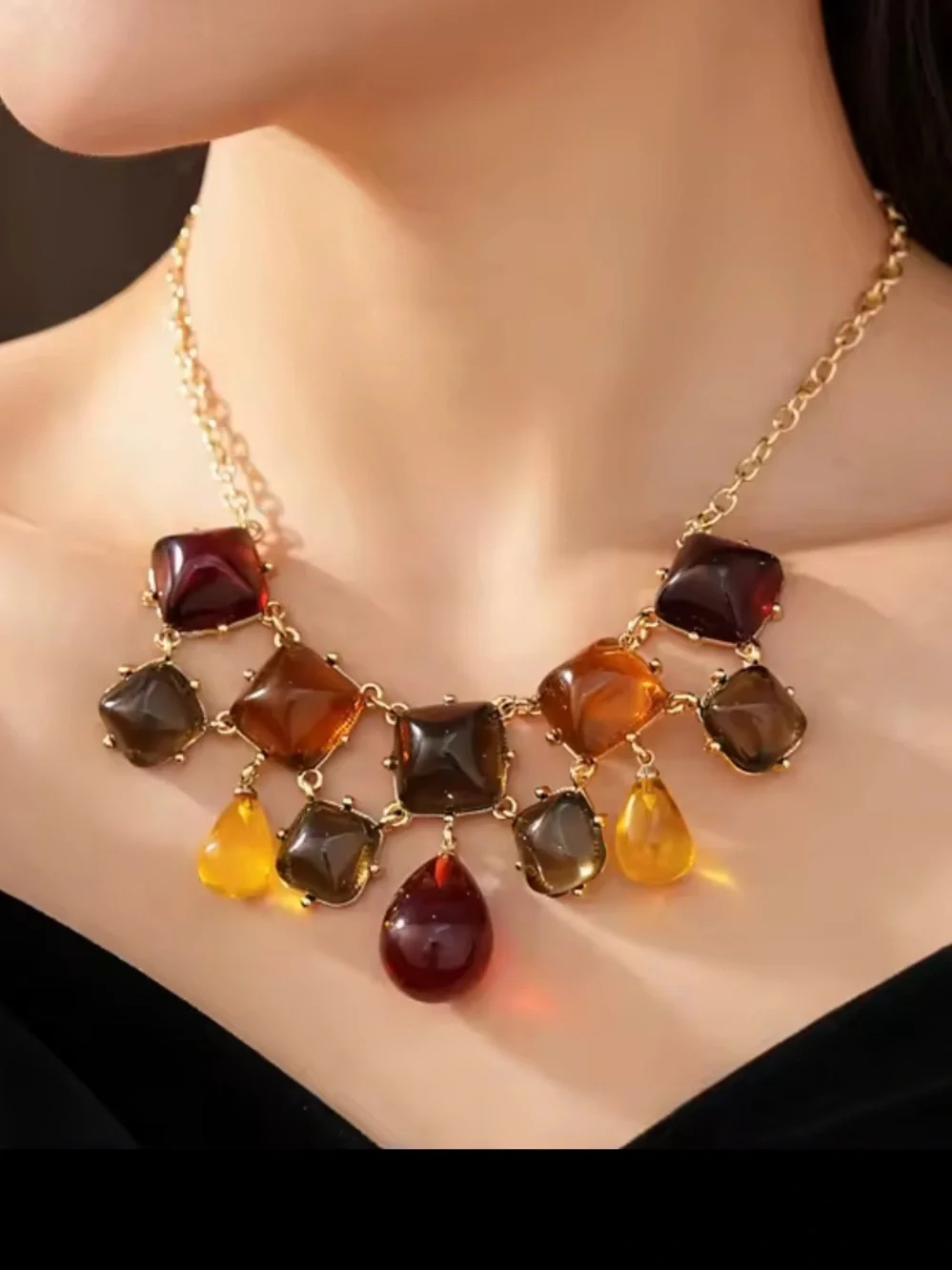 Necklace with Amber, Brown and Burgundy Gem Drops adjustable size